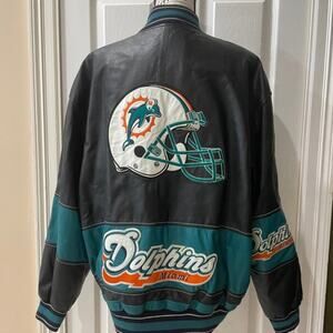 Y2K CARL BANKS NFL MIAMI DOLPHINS LEATHER  MOTO JACKET SZ XL ICONIC FOOTBALL